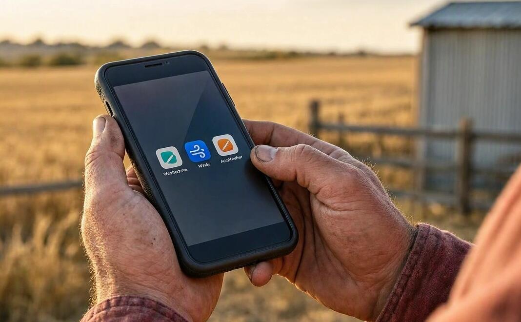 An Australian farmer looks for weather apps on a Blackview rugged phone