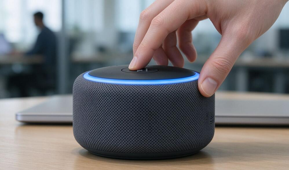 A guy plays music on a portable Bluetooth speaker