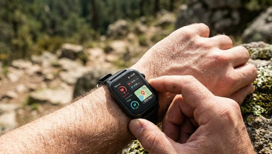 A man checks his smartwatch outdoor