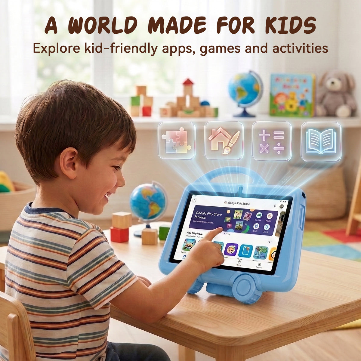 K8 7 Inch Kids Tablet, Android 11, Educational Learning Content, Expandable Storage Up to 6GB (2GB+32GB), Multi-Function Parental Controls, Large 3000mAh Battery, Anti-Drop Kid Case, Blue