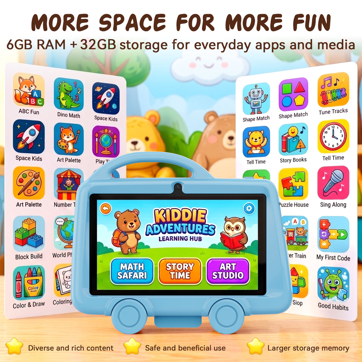 K8 7 Inch Kids Tablet, Android 11, Educational Learning Content, Expandable Storage Up to 6GB (2GB+32GB), Multi-Function Parental Controls, Large 3000mAh Battery, Anti-Drop Kid Case, Blue