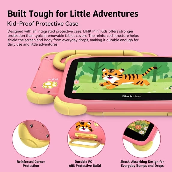 Blackview LINK Lite Kids 7 Zoll IPS Bildungs-Tablet, Android 11 Quad-Core, 2GB RAM 32GB ROM erweiterbar auf bis zu 6GB, WiFi Bluetooth GPS, Kindersicherung, 3000mAh Akku, Schutzhülle, Pink