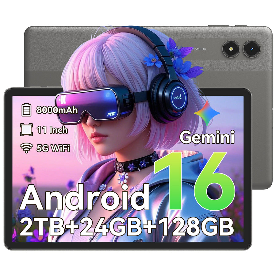 Android 16 AI Tablet,11 Inch Tablet with 24GB RAM 128GB ROM,Octa-Core T7250 Processor,90Hz Display,8000mAh Battery with Fast Charging & OTG Reverse Charge,Gemini AI Tablets