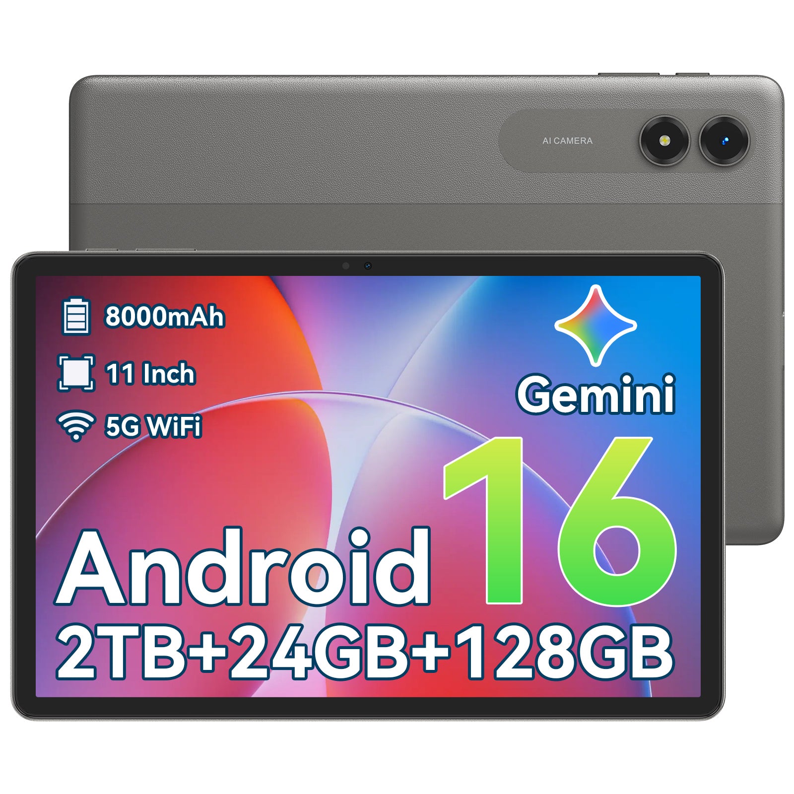 Android 16 KI-Tablet, 11-Zoll-Tablet mit 24 GB RAM und 128 GB ROM, Octa-Core T7250 Prozessor, 90 Hz Display, 8000 mAh Akku mit Schnellladung und OTG-Rückwärtsladung, Gemini KI-Tablets
