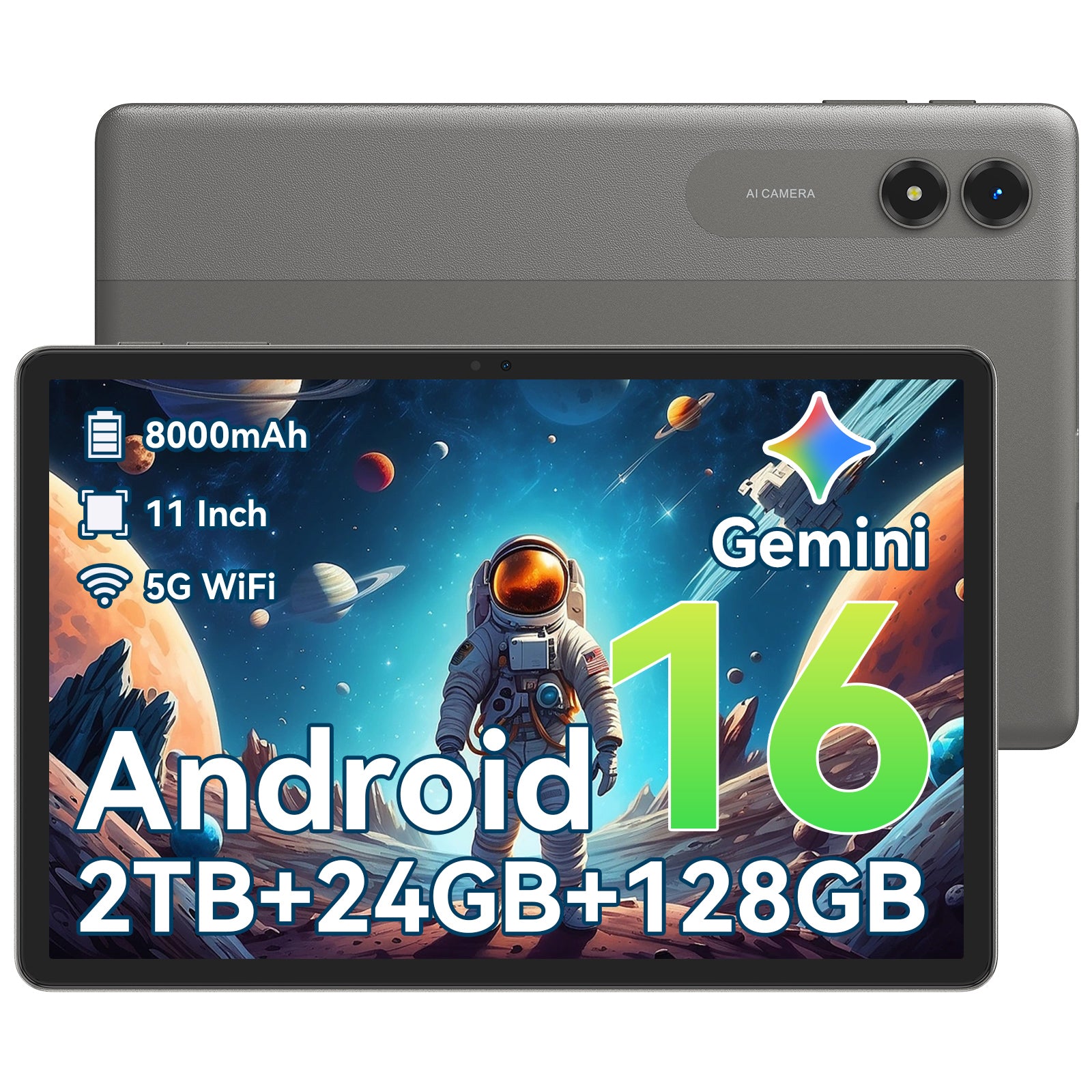 Android 16 KI-Tablet, 11-Zoll-Tablet mit 24 GB RAM und 128 GB ROM, Octa-Core T7250 Prozessor, 90 Hz Display, 8000 mAh Akku mit Schnellladung und OTG-Rückwärtsladung, Gemini KI-Tablets