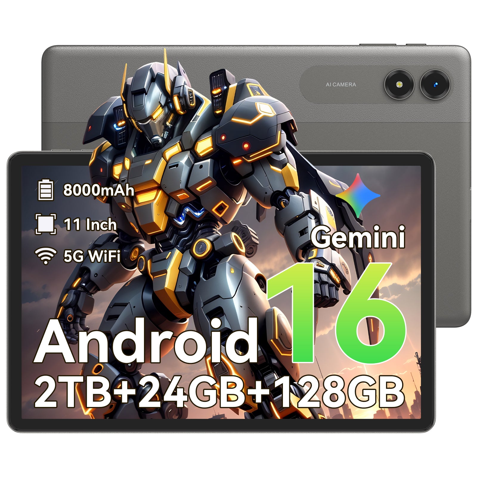 Android 16 KI-Tablet, 11-Zoll-Tablet mit 24 GB RAM und 128 GB ROM, Octa-Core T7250 Prozessor, 90 Hz Display, 8000 mAh Akku mit Schnellladung und OTG-Rückwärtsladung, Gemini KI-Tablets