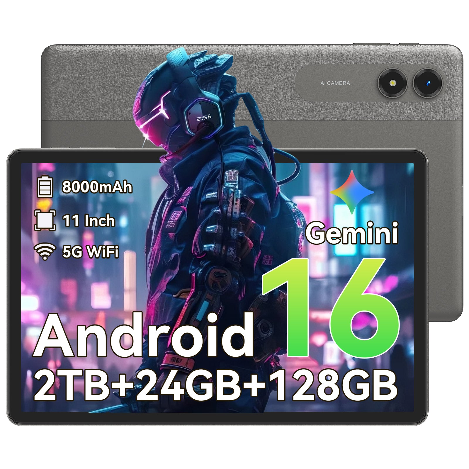 Android 16 KI-Tablet, 11-Zoll-Tablet mit 24 GB RAM und 128 GB ROM, Octa-Core T7250 Prozessor, 90 Hz Display, 8000 mAh Akku mit Schnellladung und OTG-Rückwärtsladung, Gemini KI-Tablets