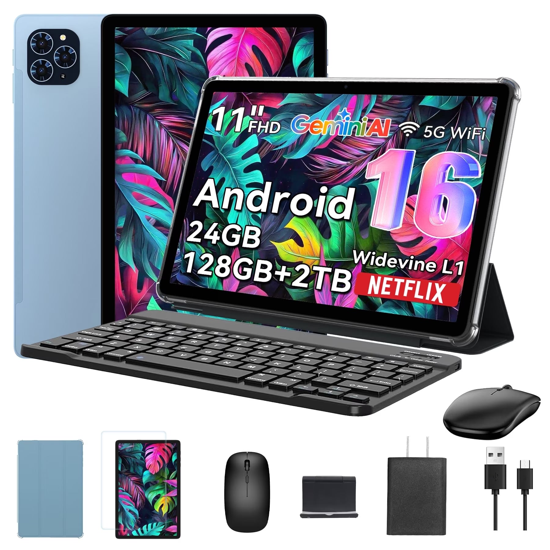Tablet 2026 Android 16 KI-Tablet mit Gemini KI, 11 Zoll FHD-Display, 24 GB RAM, 128 GB ROM / 2 TB TF, T7250 CPU + 13 MP Kamera, 8000 mAh, Widevine L1, 2-in-1-Tablet mit Tastatur, Maus und Stylus, Blau