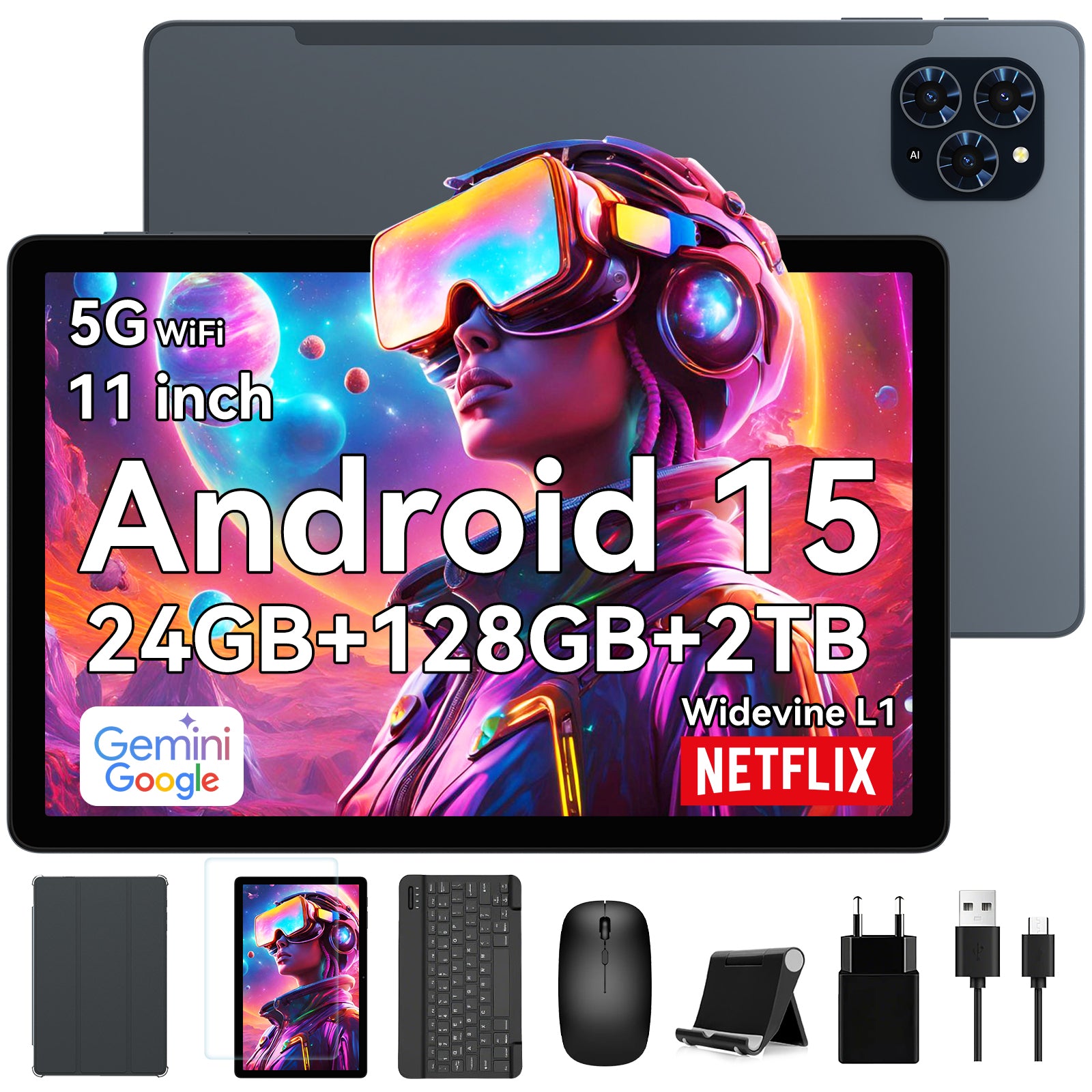 Tablet 2026 Android 16 KI-Tablet mit Gemini KI, 11 Zoll FHD-Display, 24 GB RAM, 128 GB ROM / 2 TB TF, T7250 CPU + 13 MP Kamera, 8000 mAh, Widevine L1, 2-in-1-Tablet mit Tastatur, Maus und Stylus, Blau